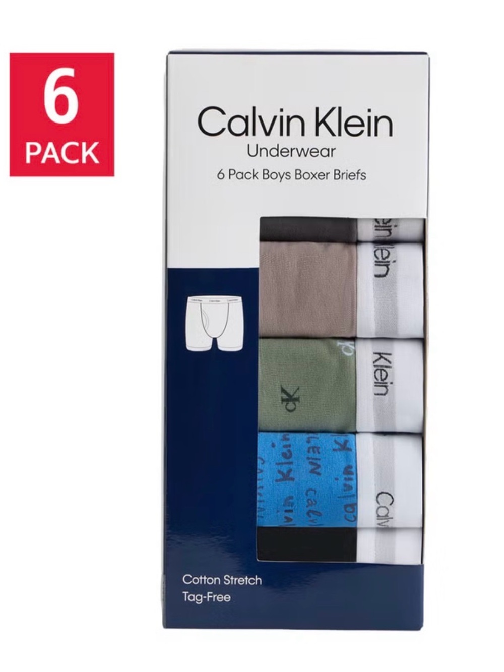 Calvin Klein Boys 6-Pack Boxer Briefs - Black, Tan, Green, Blue, White